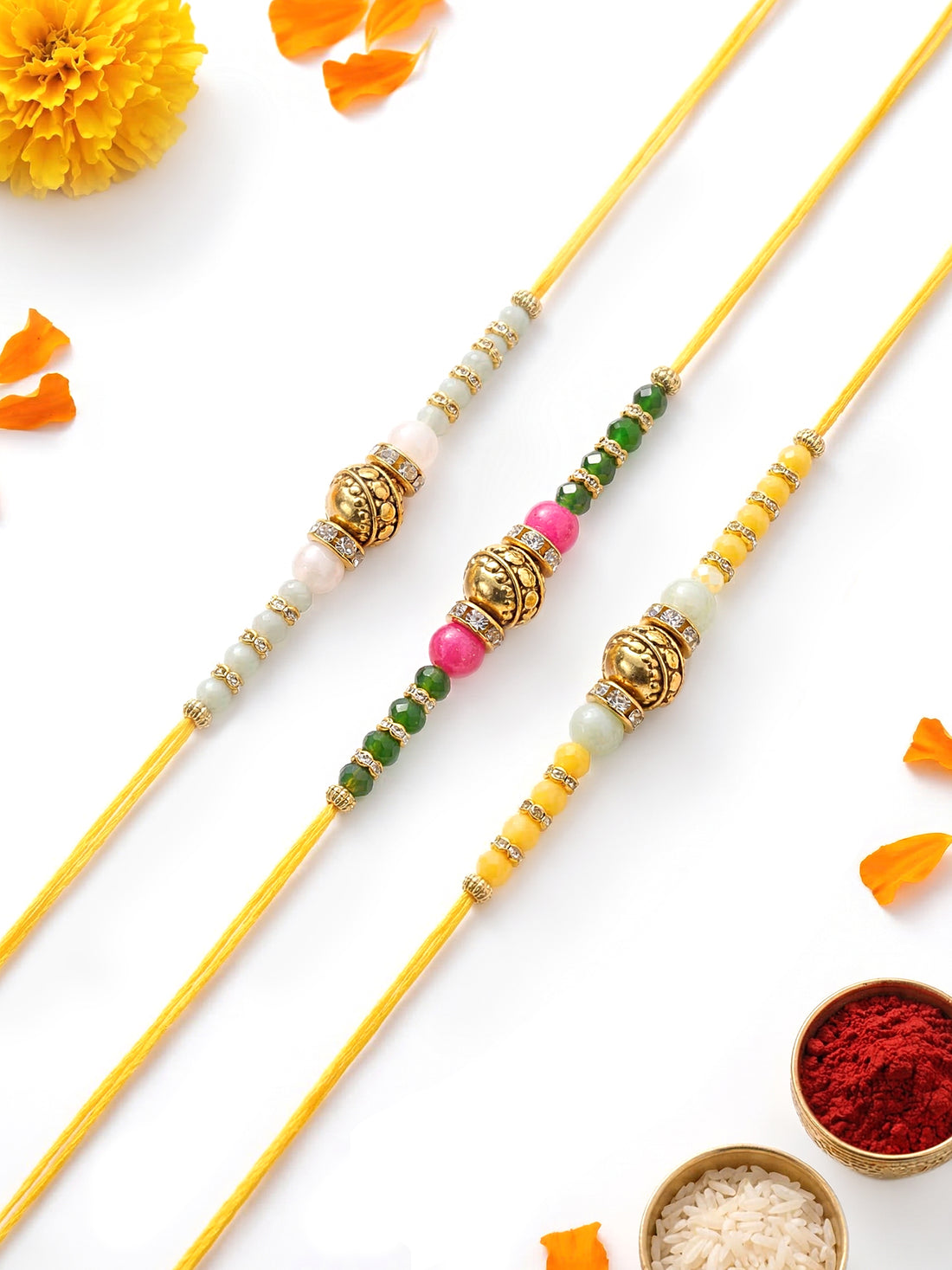 KARATCART Set of 3 Multicolor Beaded Designer Rakhi for Brother with Roli & Chawal