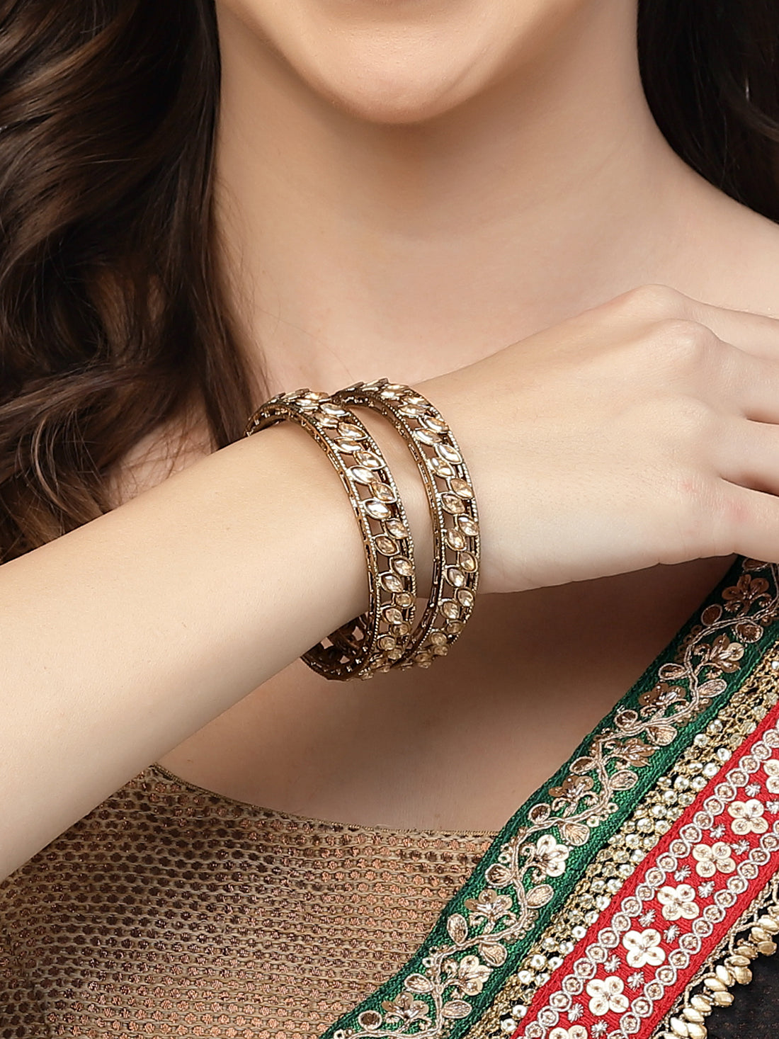 Karatcart Set of 2 Kundan Studded Antique Gold Plated Bangles for Women