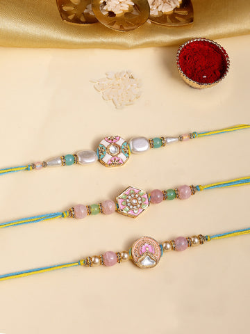 KARATCART Set of 3 Pastel Enamel Designer Kundan Rakhi for Brother with Roli & Chawal