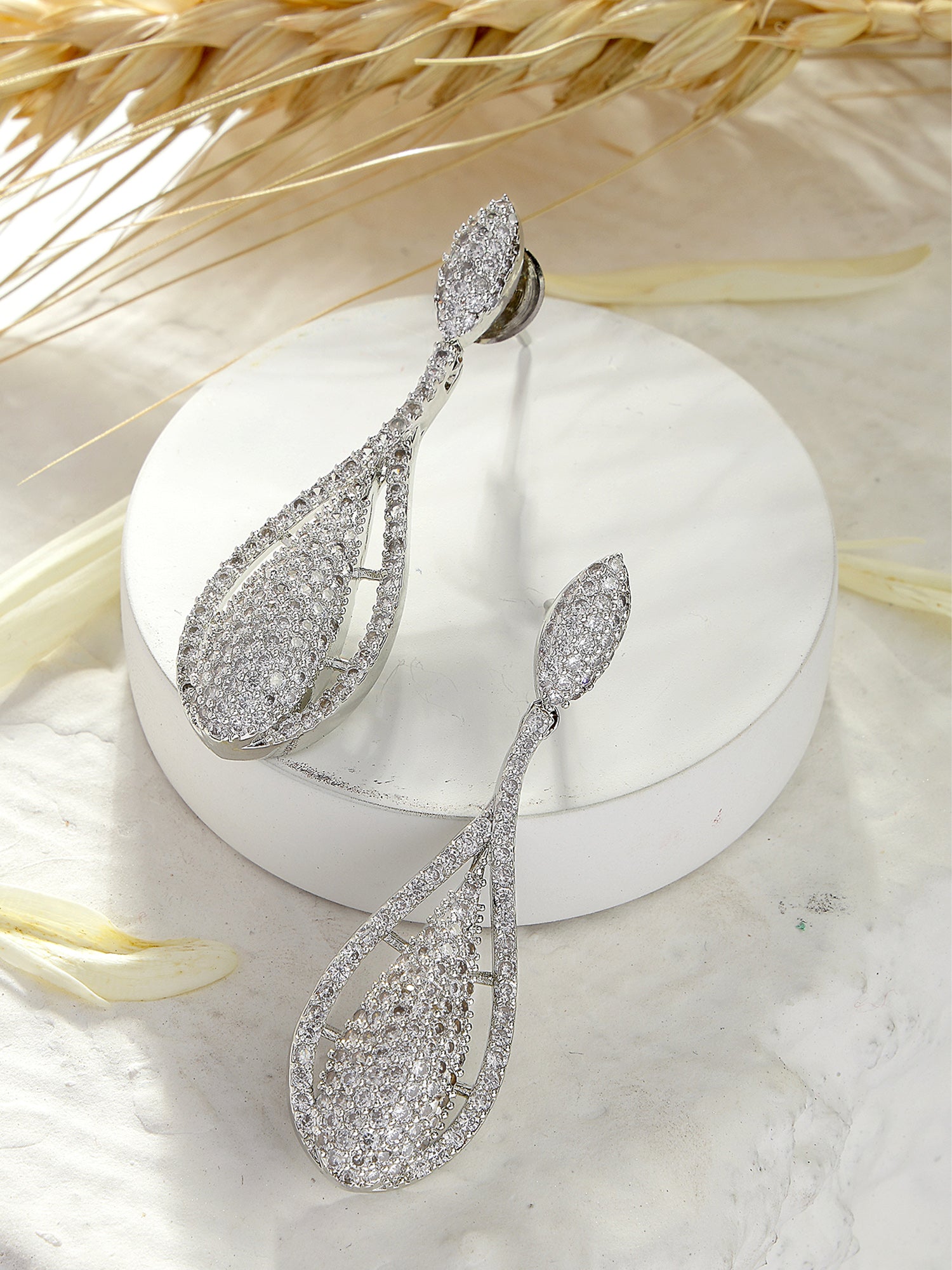 Karatcart Silver Plated Teardrop American Diamond Earrings for Women