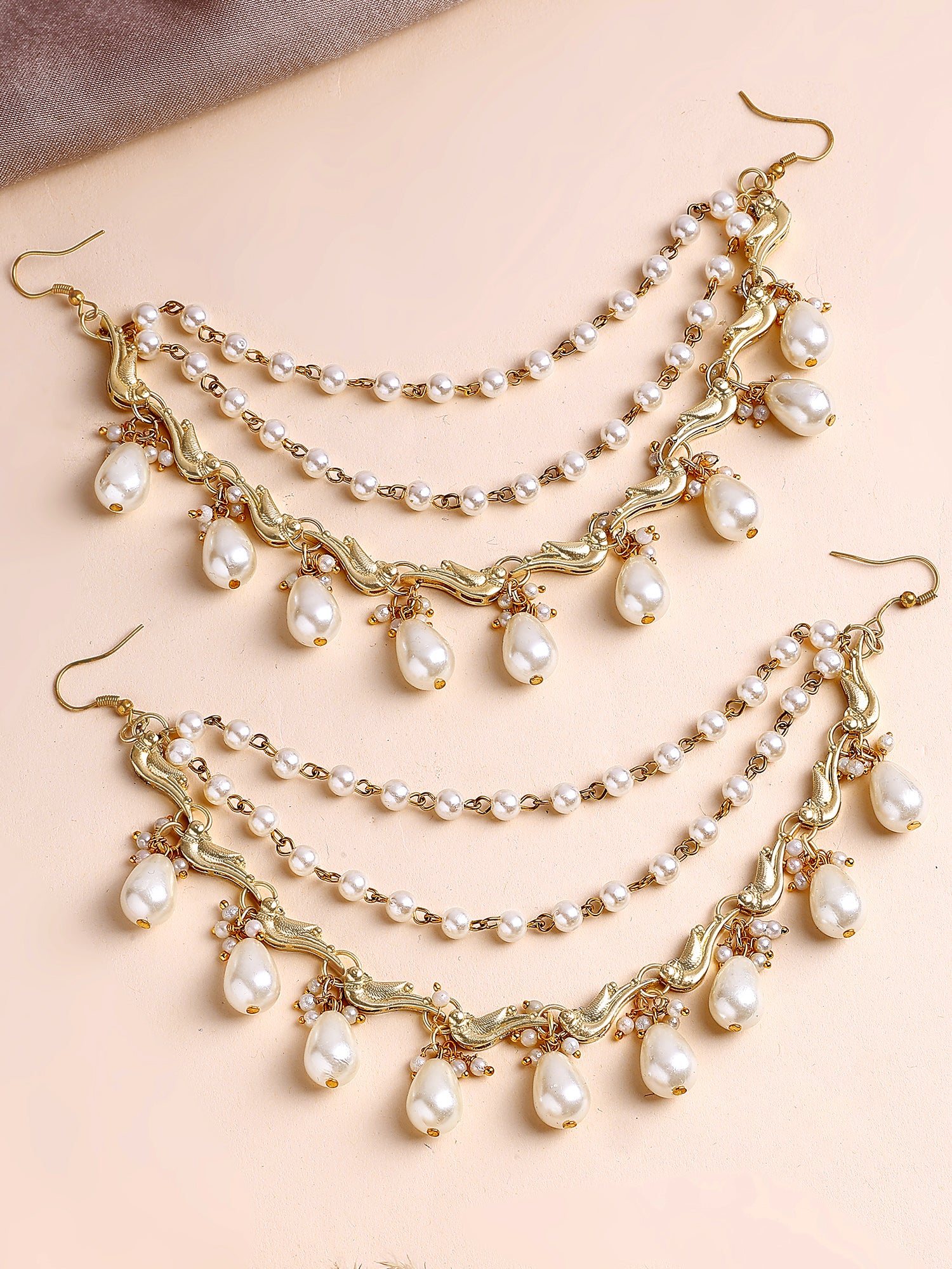 KARATCART Traditional Gold-Plated Peacock Kundan and Pearl Kaanchain Earrings for Women - Image 1