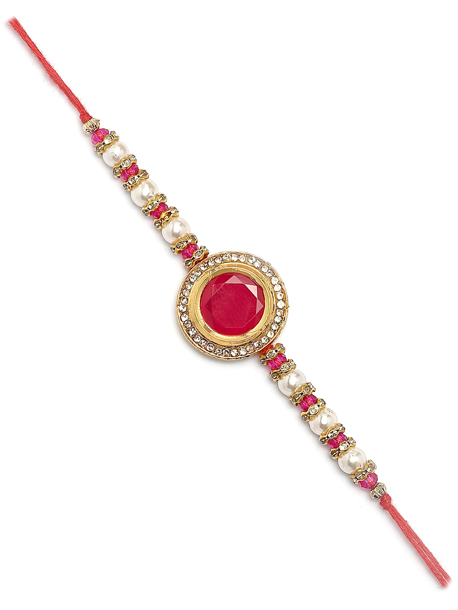 Karatcart Gold Plated Red Polki Kundan Bhiya Rakhi with Roli & Chawal