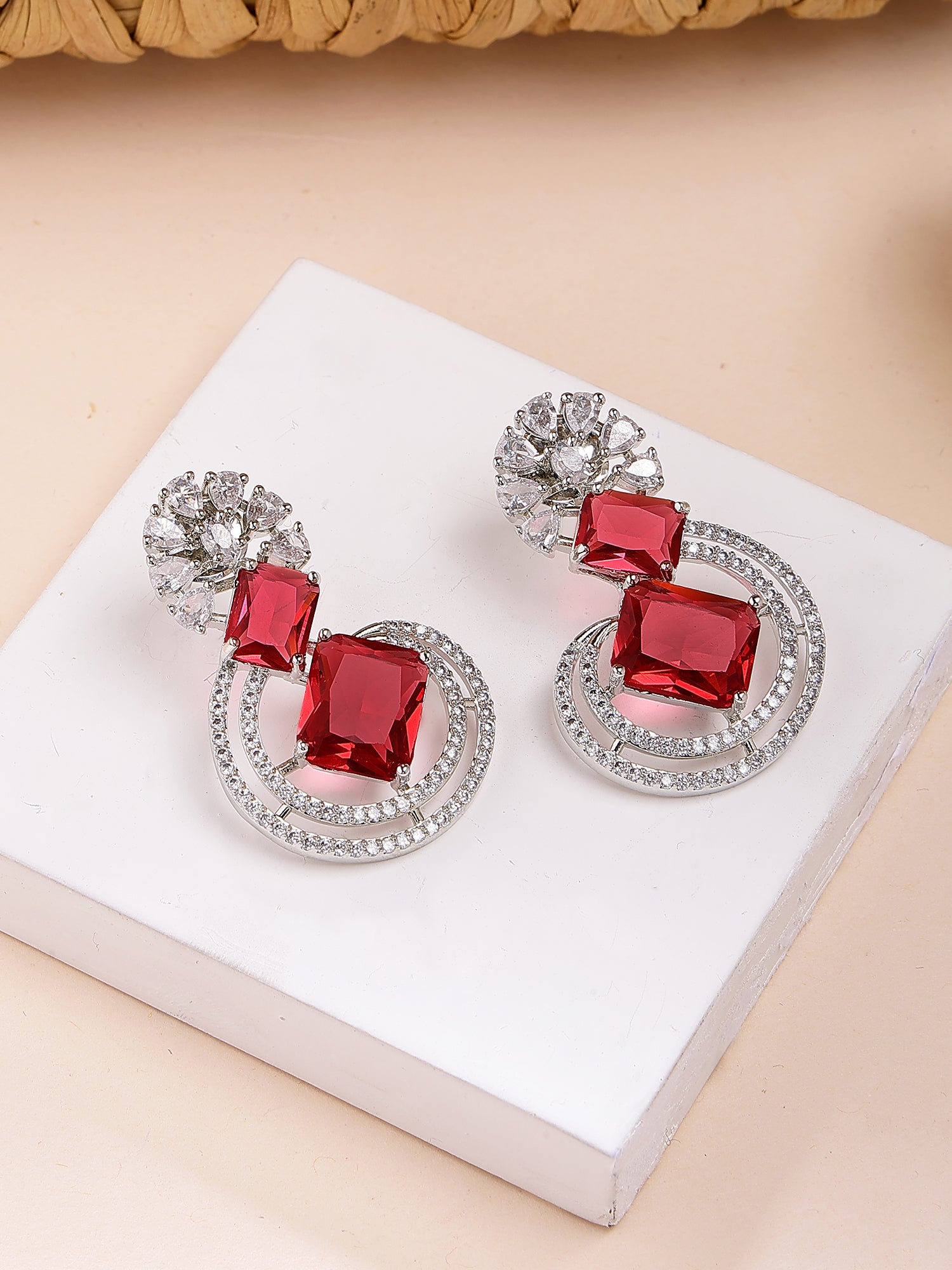 Karatcart Modern Red American Diamond Design Silver-Plated Stud Earrings for Women