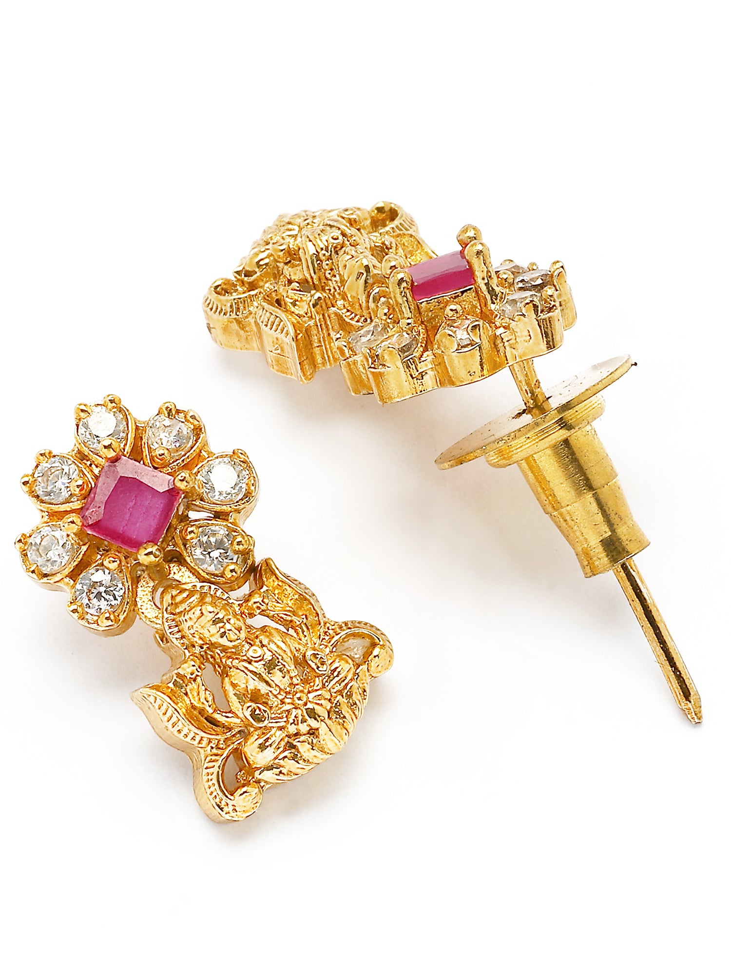 KARATCART Traditional Gold-Plated Laxmi Mata Red American Diamond Temple Jewellery Set for Women - view 5