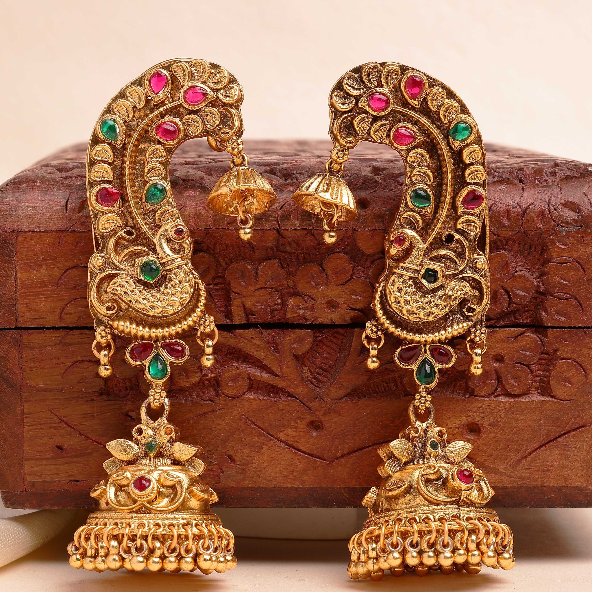 Karatcart Temple Jewellery Style Gold Plated Peacock Jhumki Earrings for Women