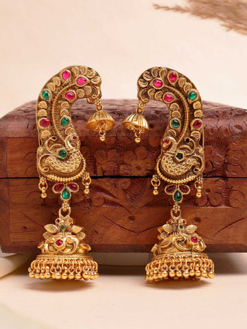 Karatcart Temple Jewellery Style Gold Plated Peacock Jhumki Earrings for Women