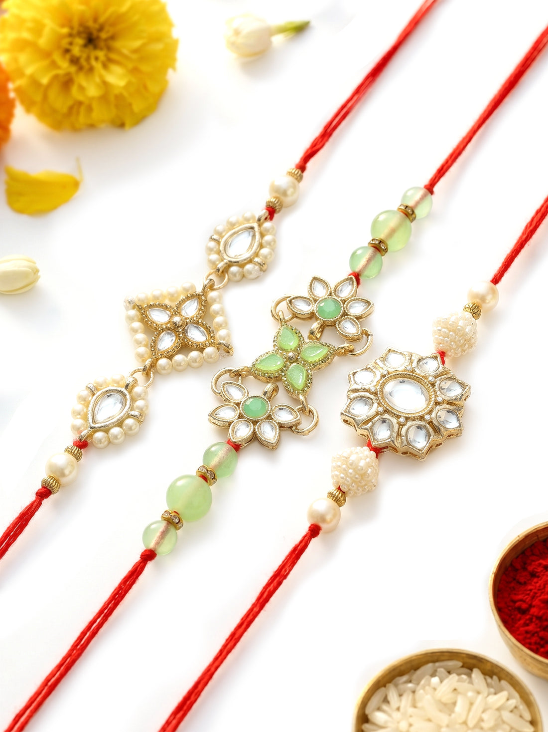 KARATCART Set of 3 Handmade Floral Pearl and Kundan Rakhis for Brother with Roli & Chawal