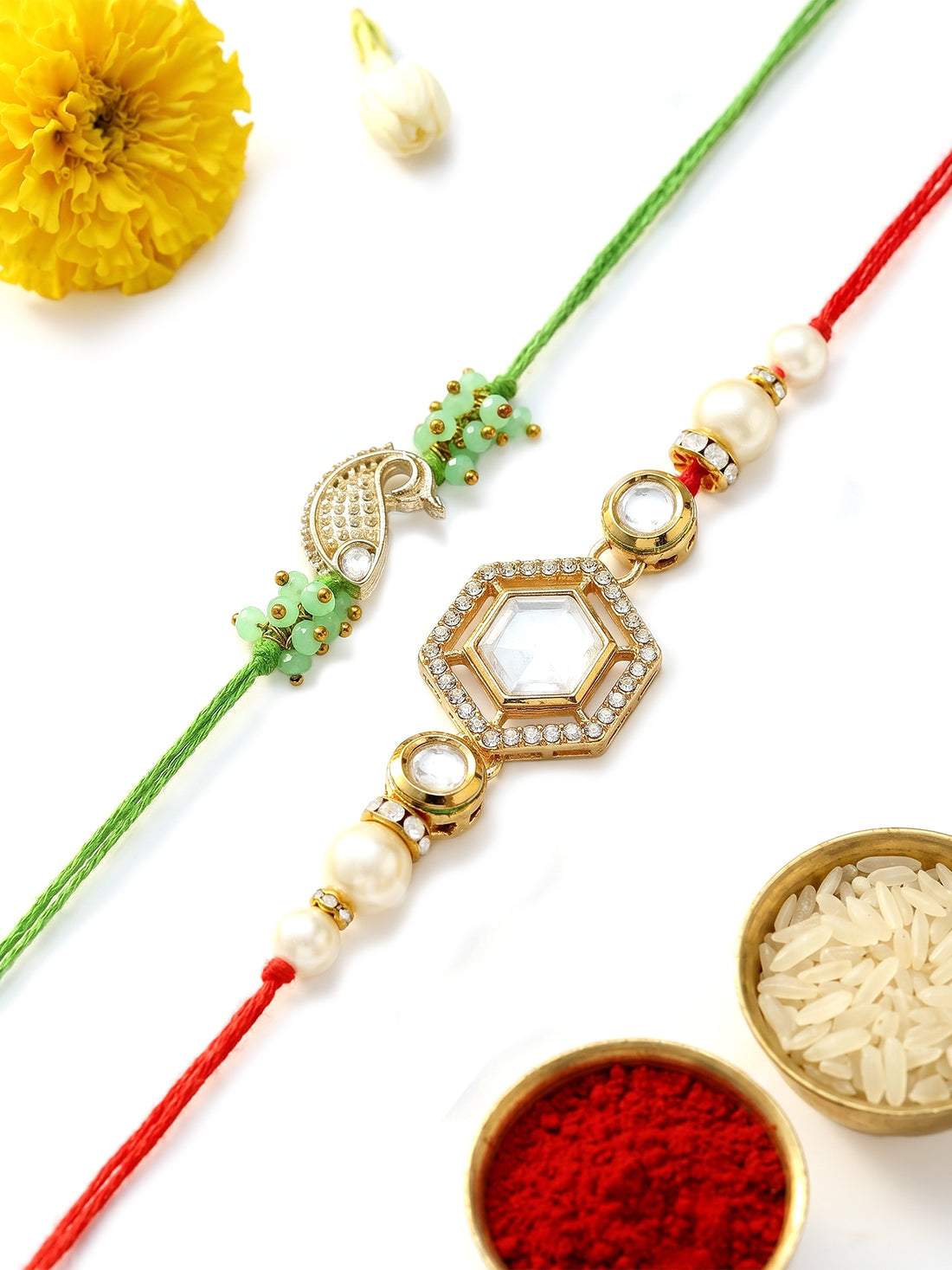KARATCART Set of 2 Light Green Fish Handmade Polki Kundan Pearl Rakhi for Brother with Roli & Chawal
