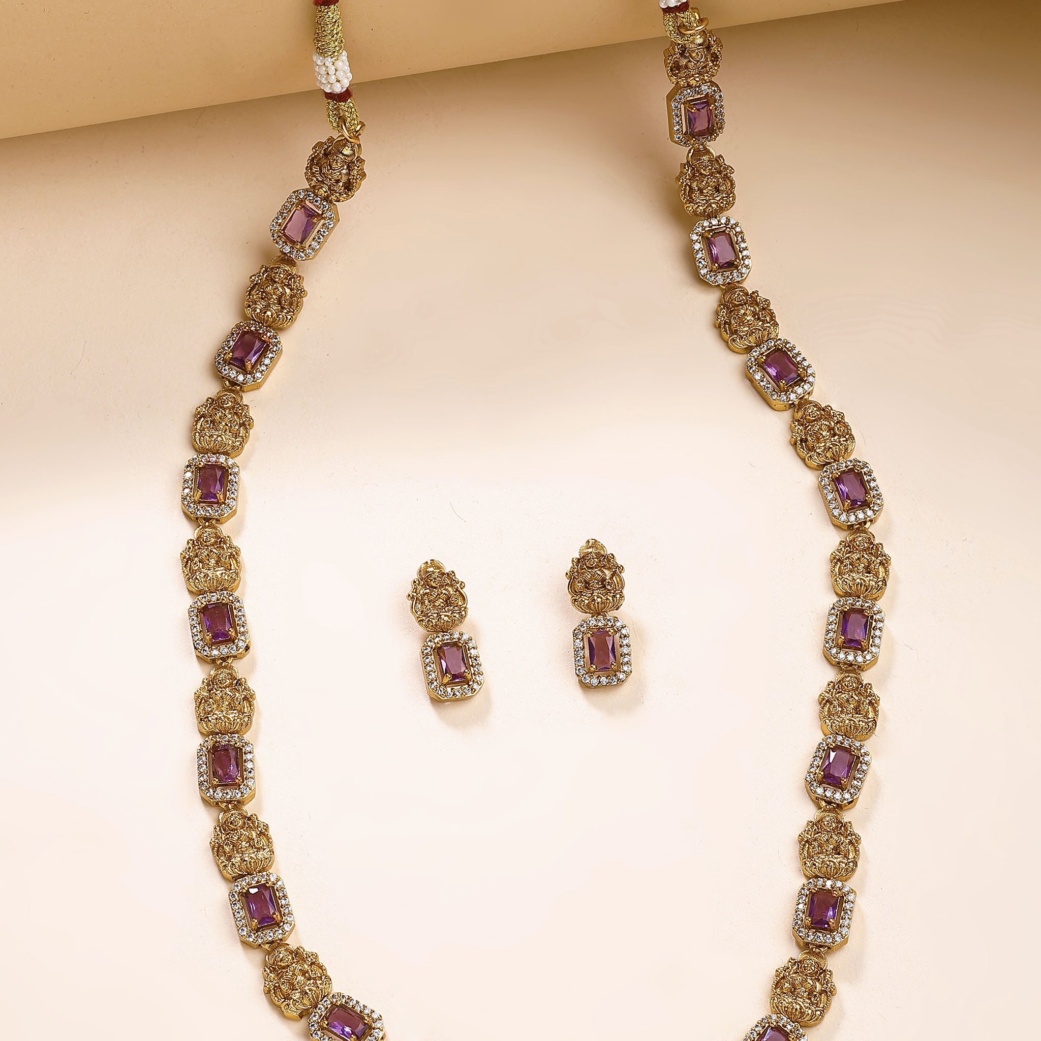 KARATCART Traditional Gold-Plated Purple Laxmi Mata Rani Haar Temple Jewellery Set for Women