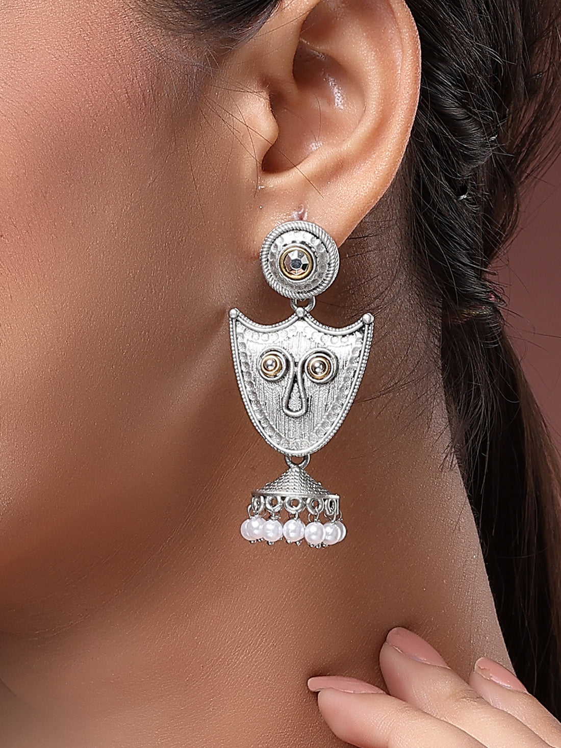 Karatcart Antique Silver Plated Tribal Shield Design Drop Earrings for Women