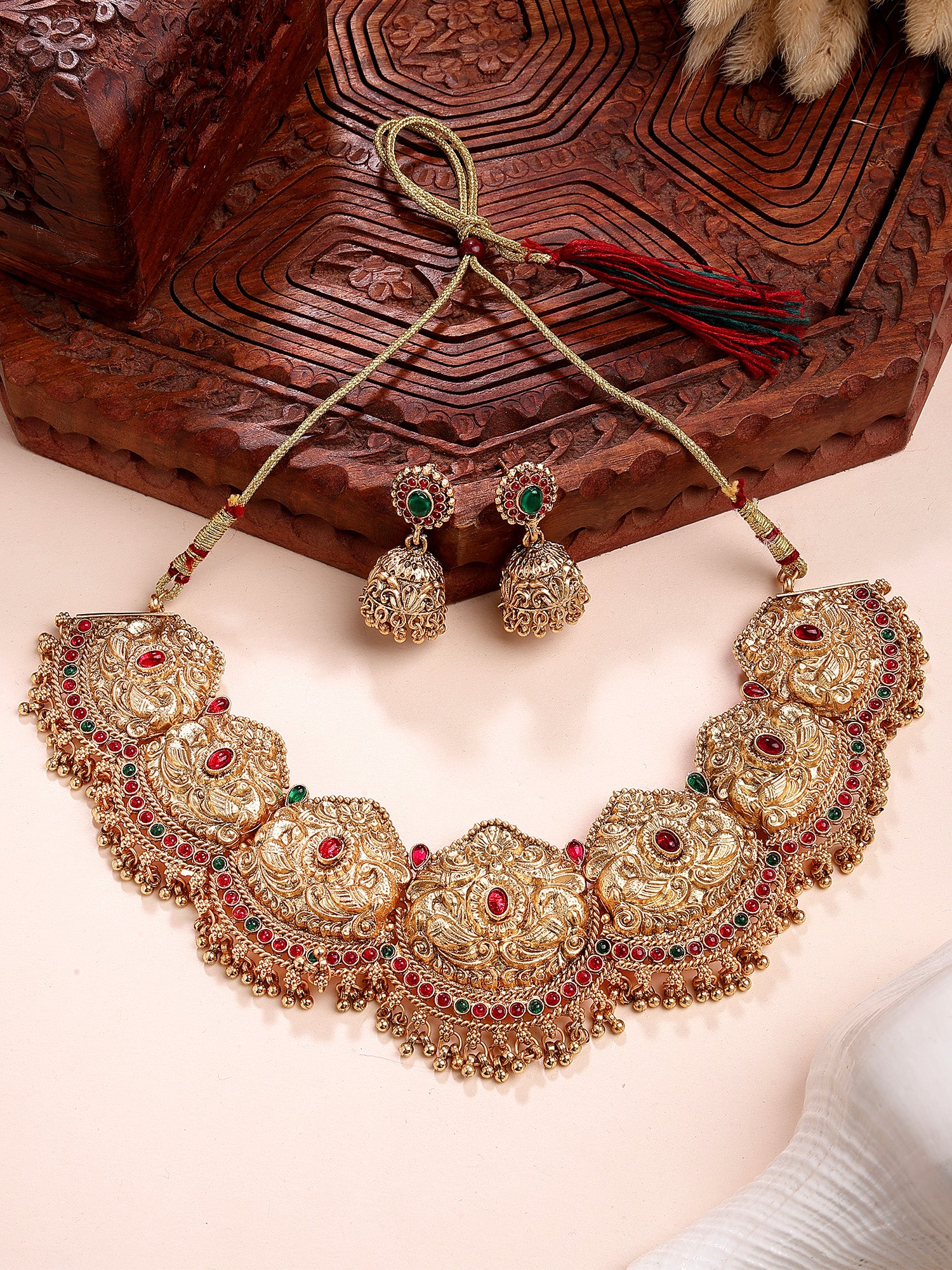 Karatcart Gold Plated Peacock Design Red and Green Temple Jewellery Set for Women