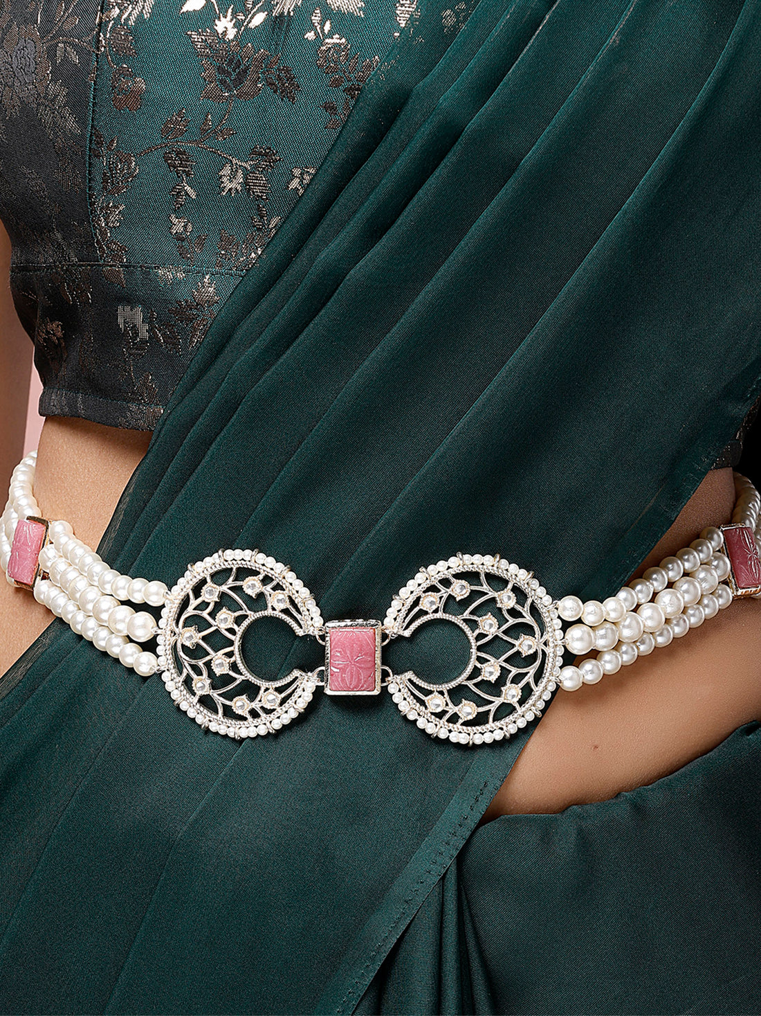 Karatcart Traditional Gold Plated Pink Carved Stone Pearl Beaded Kamarbandh for Women