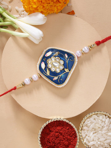 KARATCART Special Blue Meenakari Floral Design Handmade Rakhi for Brother with Roli Chawal