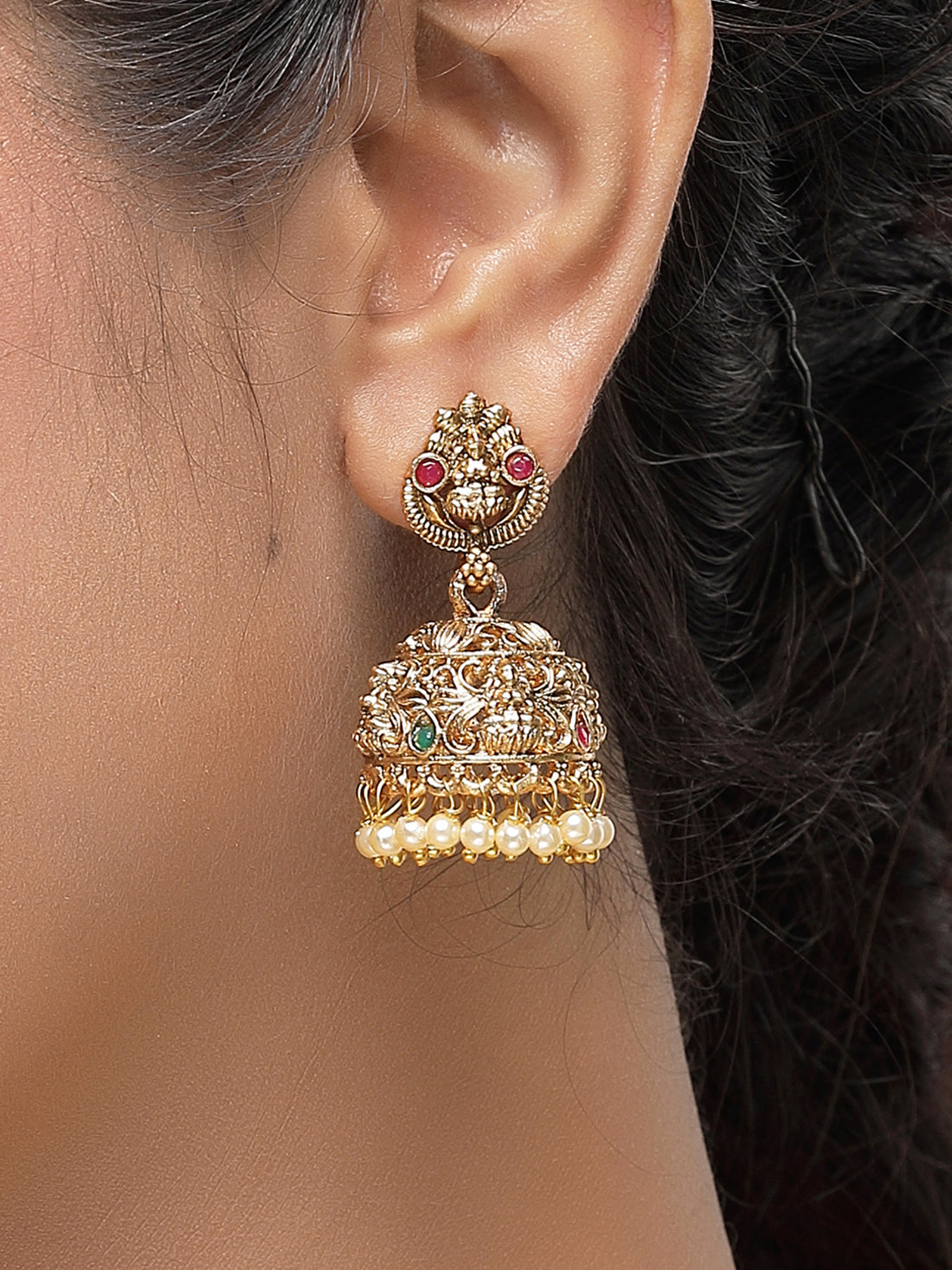KARATCART Traditional Gold-Plated Jhumki Earrings with Red and Green Stones for Women
