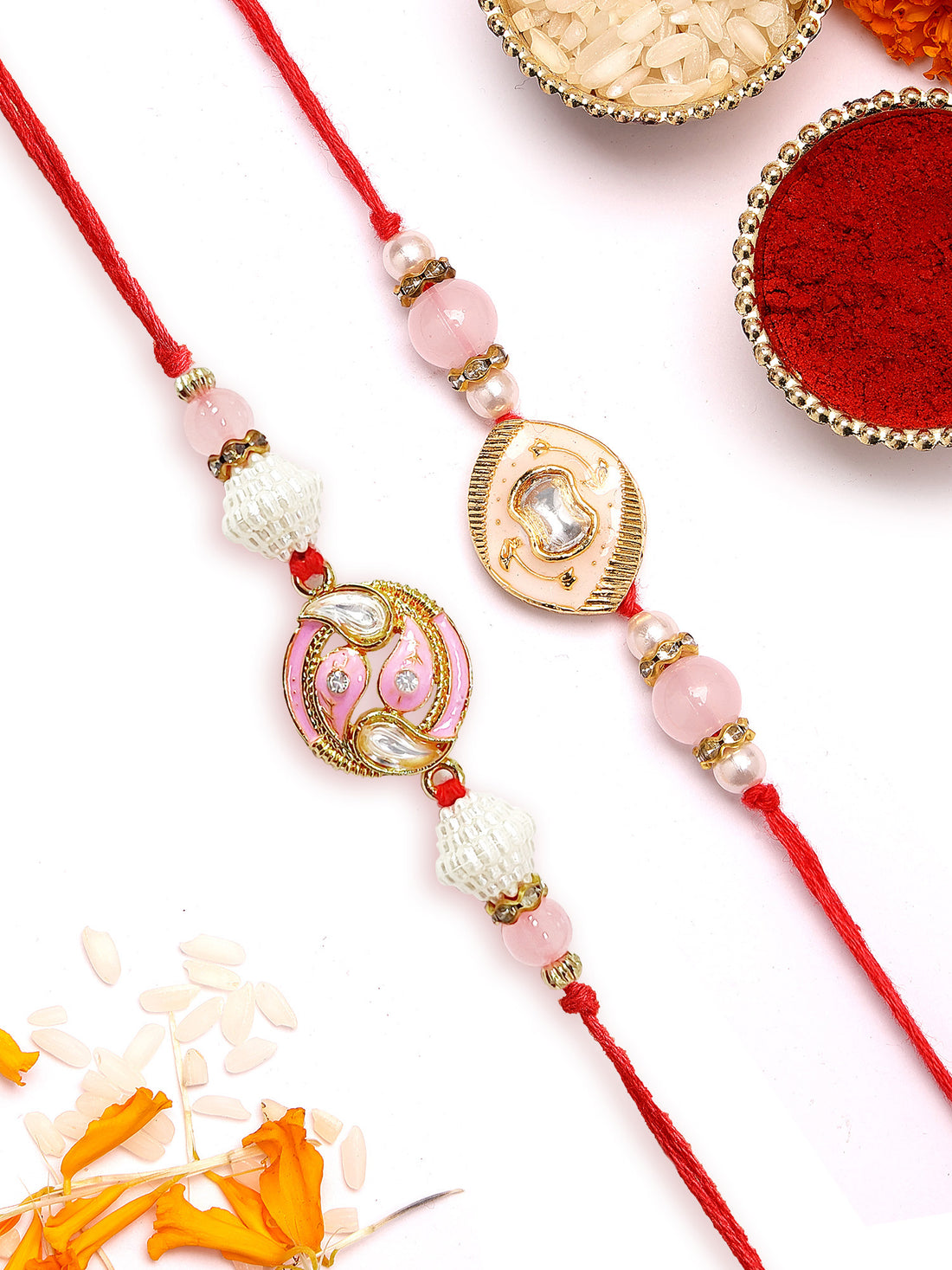 KARATCART Set of 2 Pink and Peach Handmade Kundan Rakhi for Brother with Roli & Chawal