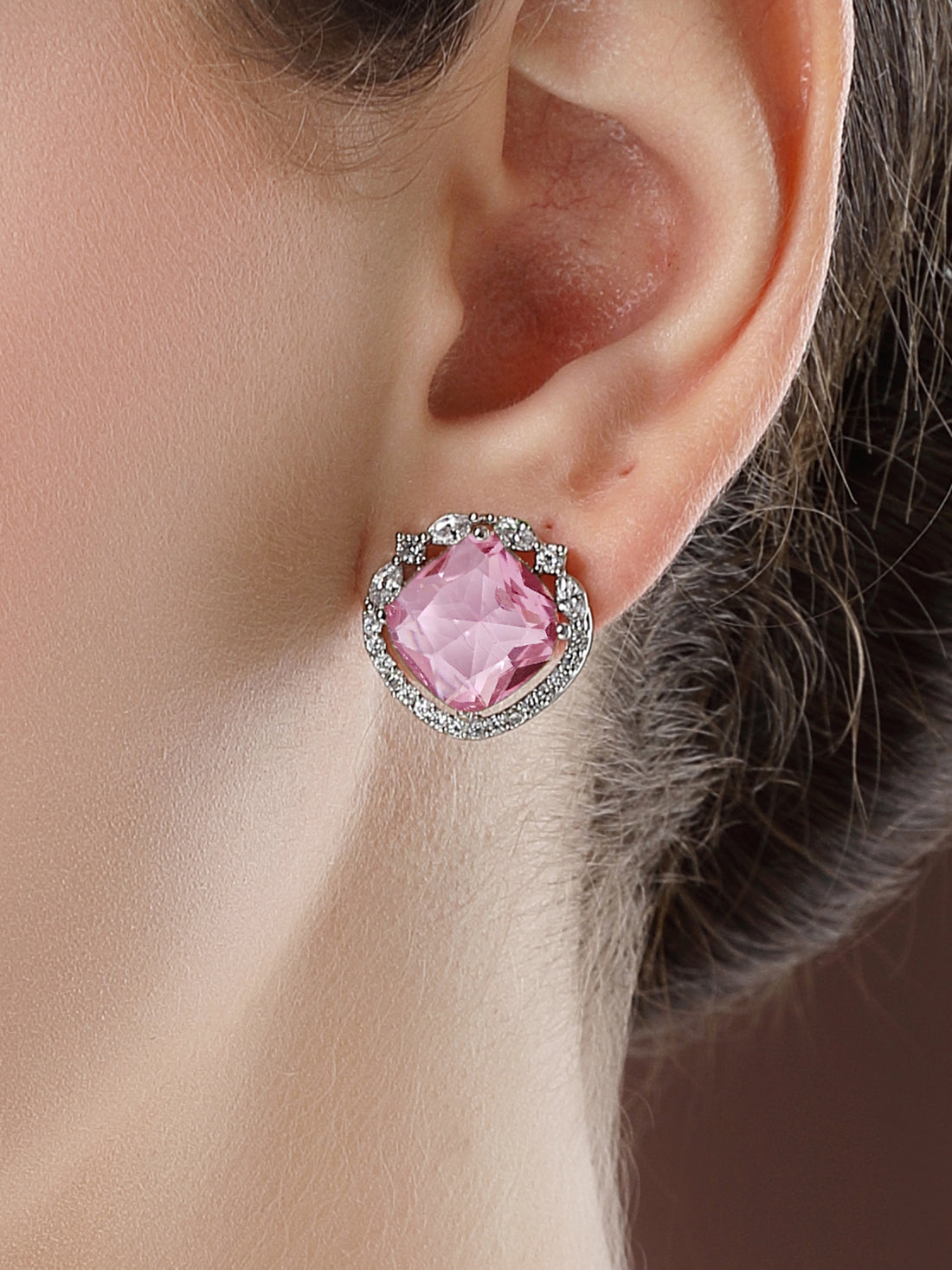 Karatcart Silver Tone Pink American Diamond Stud Earrings for Women