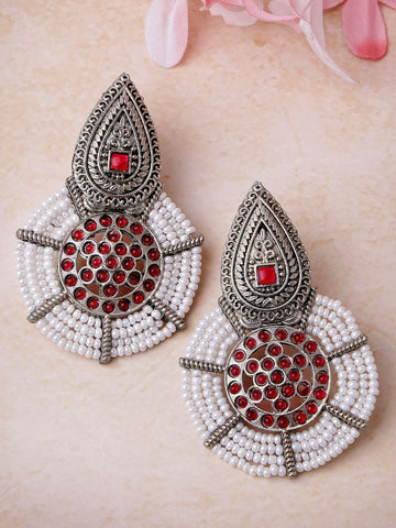Karatcart Oxidised Silver Drop Shape Red Stone Earrings for Women