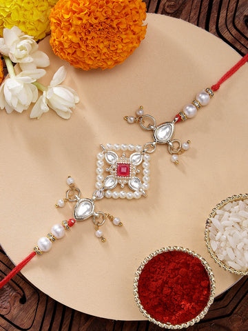 KARATCART Traditional Red Stone Floral Handmade Kundan Rakhi for Brother with Roli & Chawal