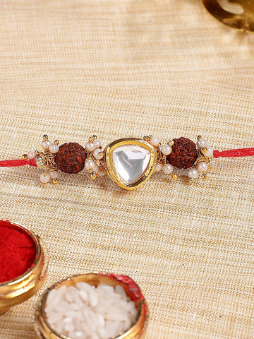 KARATCART Gold Plated Polki Kundan Rudraksha Studded Bhaiya Rakhi with Roli & Chawal