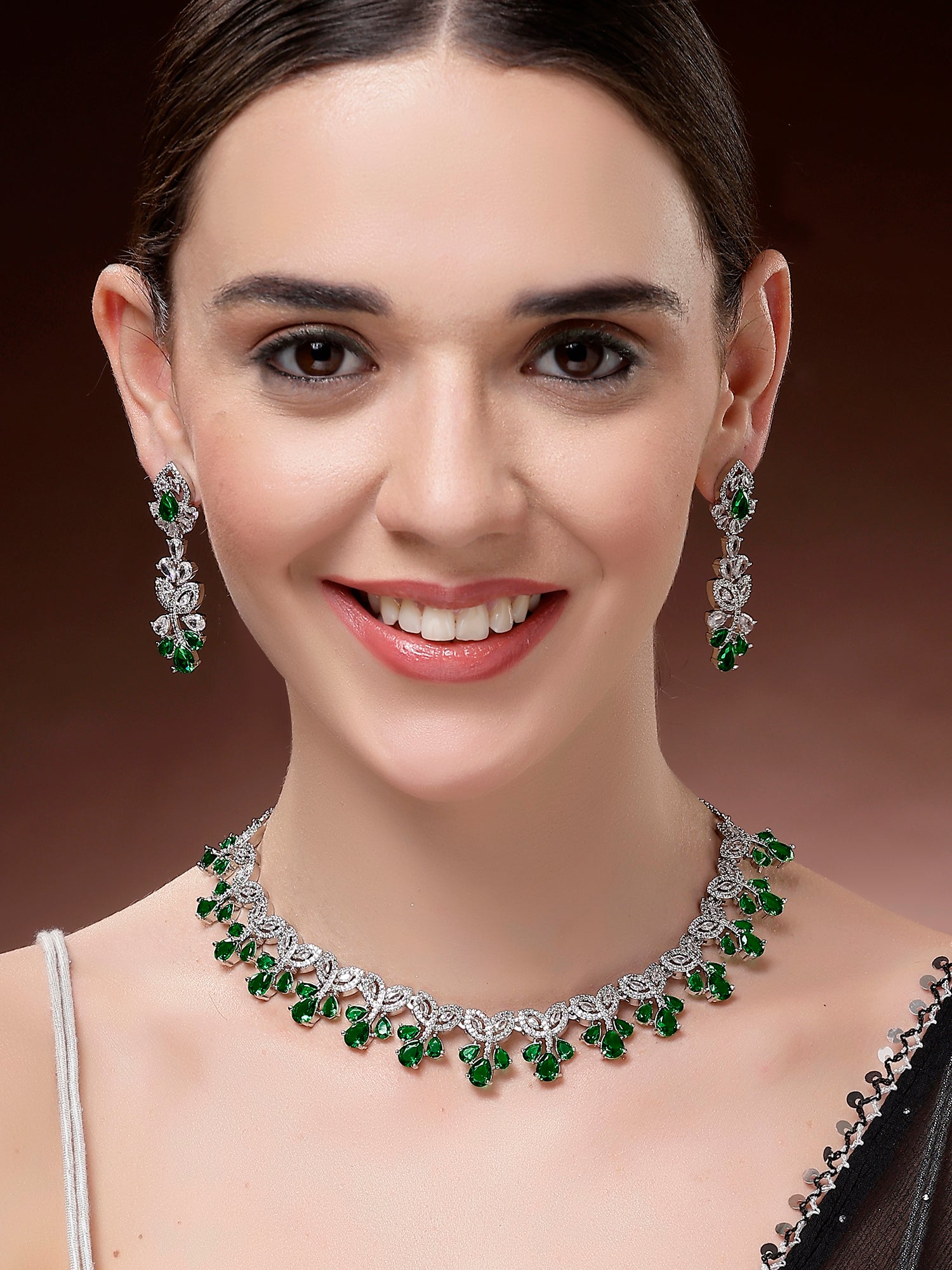Karatcart Sparkling Green Floral American Diamond Silver Plated Necklace Set for Women - view 3