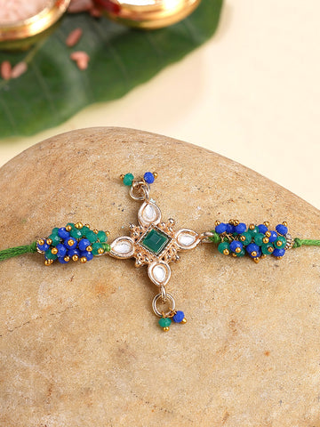 KARATCART Gold Plated Green and Blue Crystal Floral Kundan Bhaiya Rakhi with Roli & Chawal