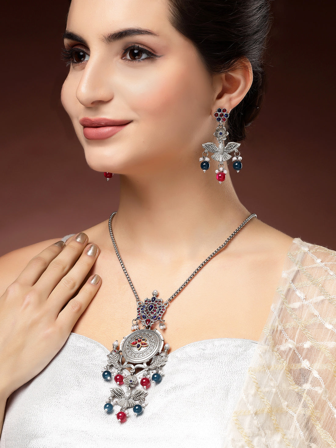 Karatcart Oxidized Silver Pendant Set with Blue and Red Beads for Women