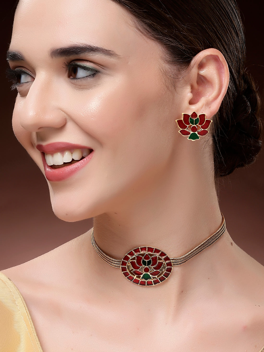 Karatcart Red & Green Lotus Enamel Gold-Plated Temple Jewellery Set for Women