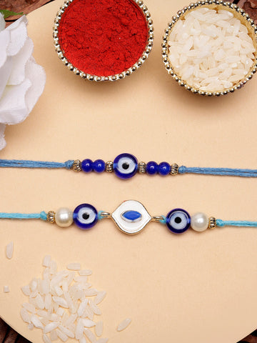 KARATCART Set of 2 Blue Evil Eye Handmade Meenakari Kundan Rakhi for Brother with Roli & Chawal