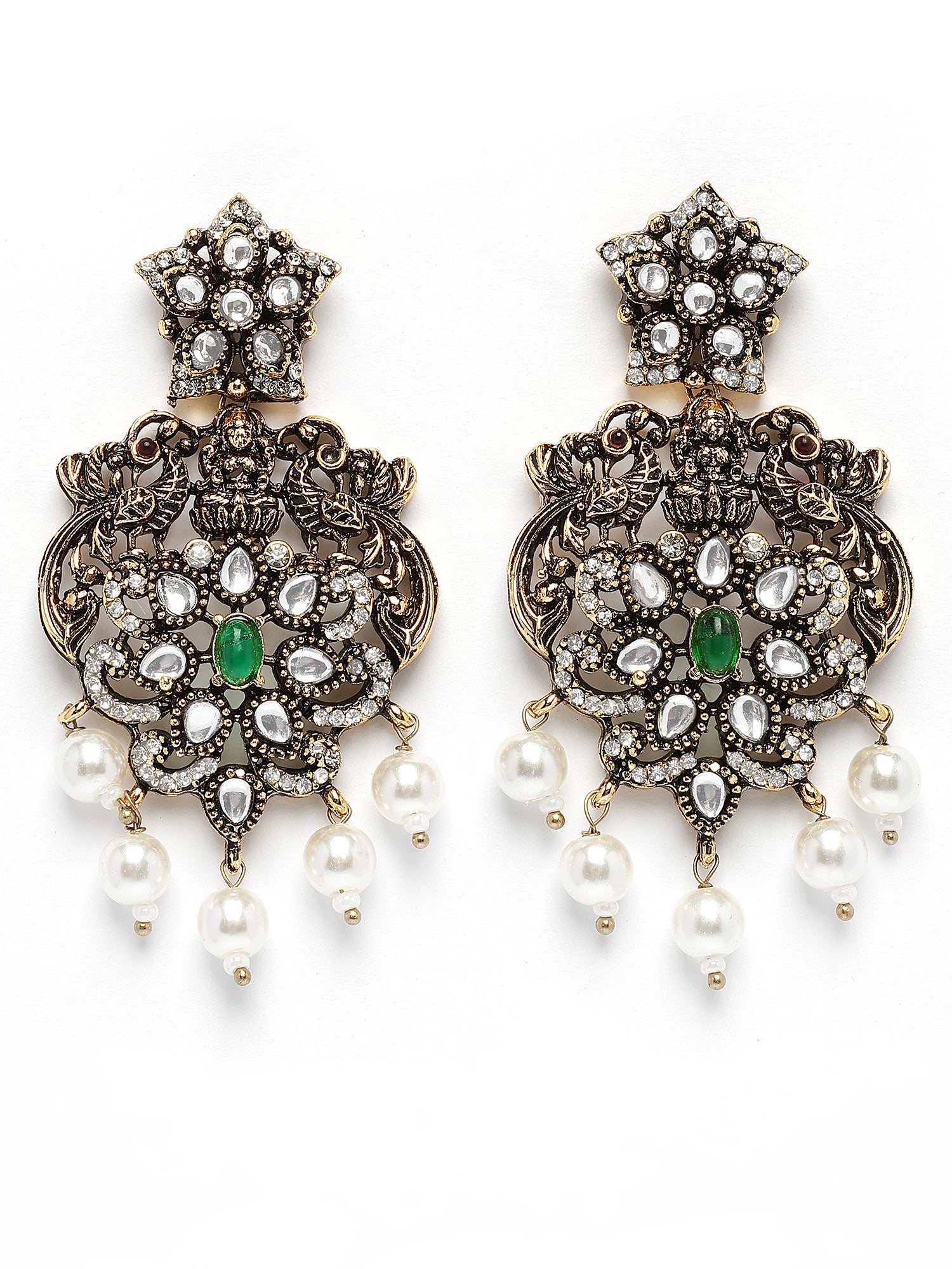 Karatcart Antique Gold Plated Green Stone Temple Jewellery Set for Women - view 6