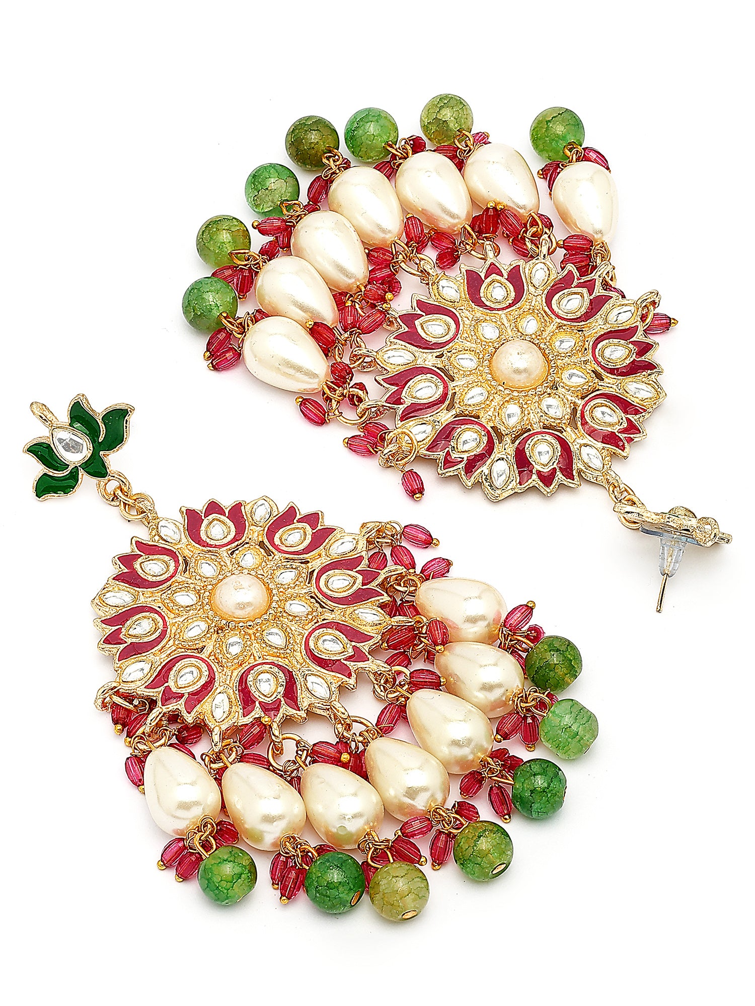 KARATCART Gold-Plated Floral Pink Meena Green Beads Kundan Dangler Earrings for Women - view 5