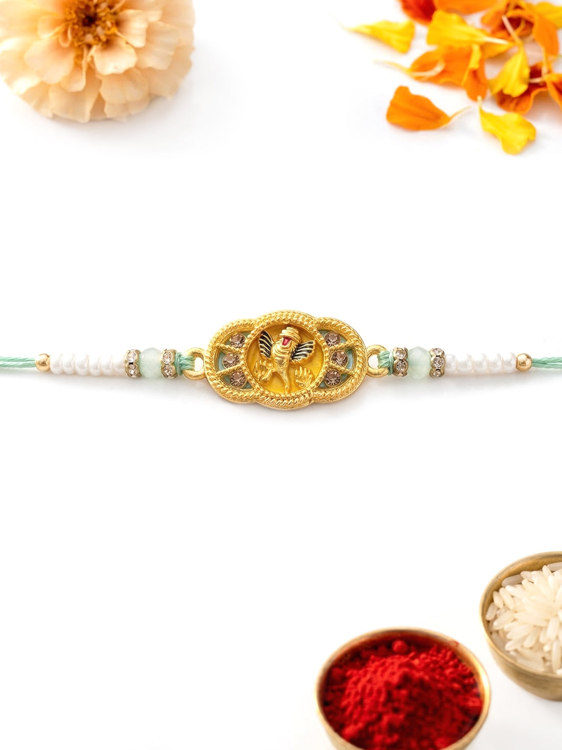 KARATCART Gold Plated Yellow Meena Ganesha Kundan Bhaiya Rakhi with Roli & Chawal