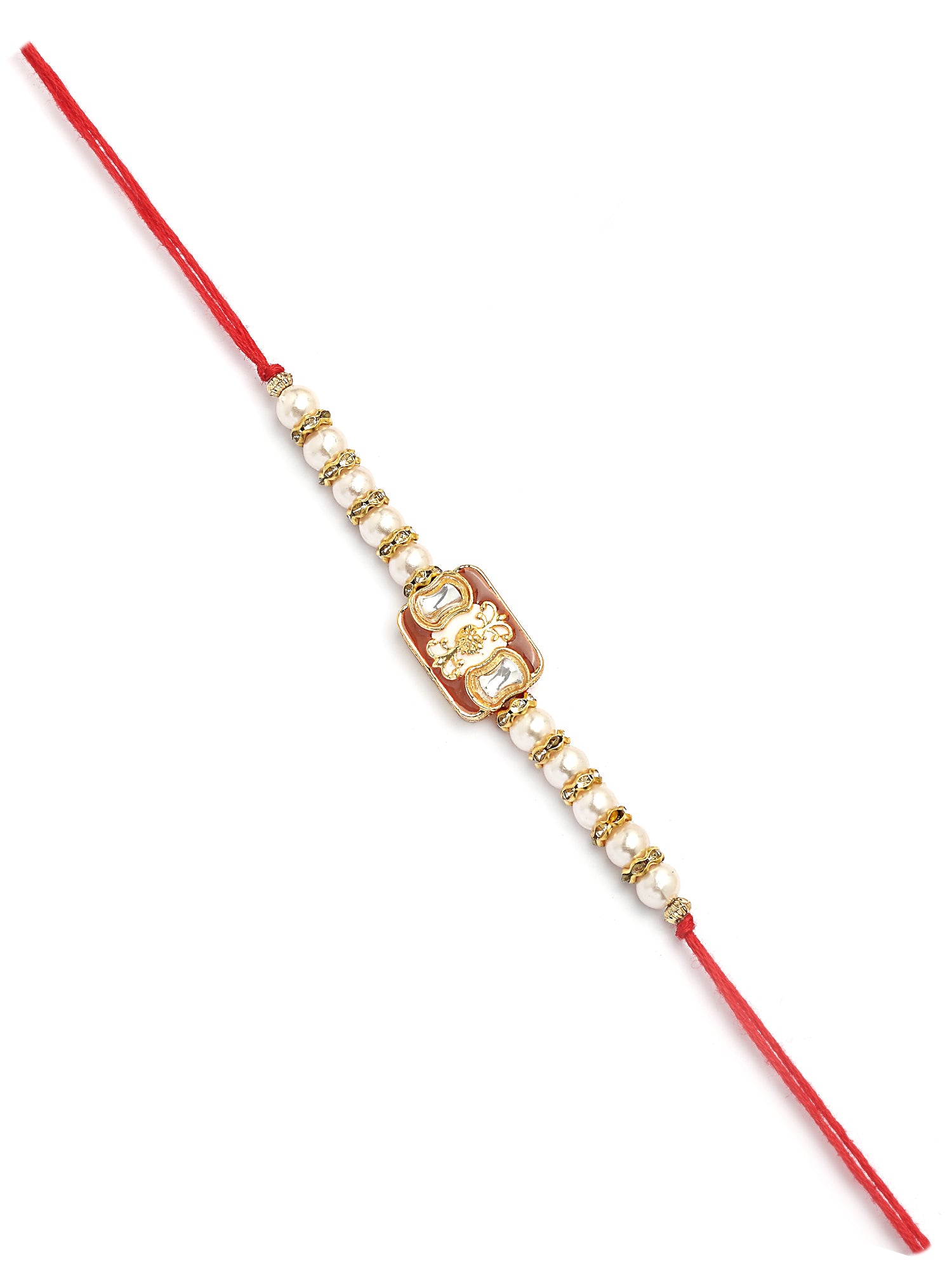 Karatcart Gold Plated Brown Enamel and Pearl Kundan Bhiya Bhabhi Rakhi with Roli & Chawal