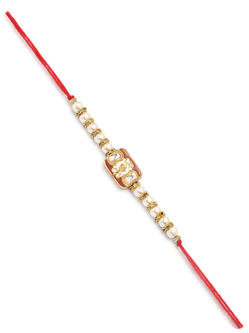 Karatcart Gold Plated Brown Enamel and Pearl Kundan Bhiya Bhabhi Rakhi with Roli & Chawal