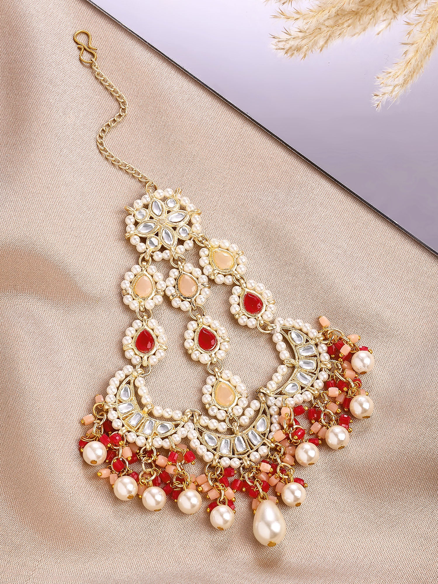 KARATCART Traditional Gold-Plated Red and Peach Crystal Studded Kundan Passa for Women