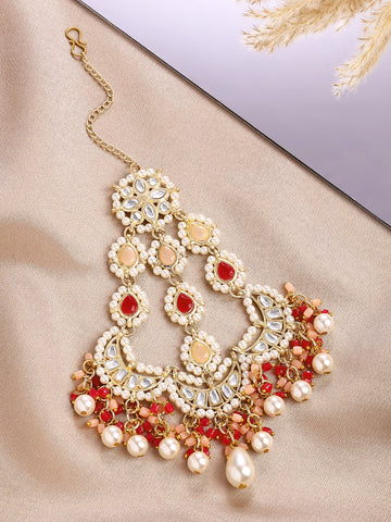 KARATCART Traditional Gold-Plated Red and Peach Crystal Studded Kundan Passa for Women