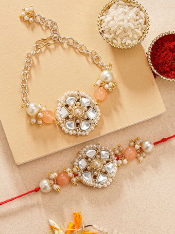 KARATCART Peach Beads Floral Shape Handmade Kundan Bhaiya Bhabhi Rakhi with Roli & Chawal