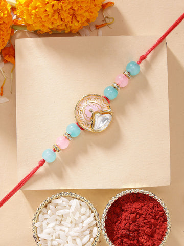KARATCART Beautiful Sea Shell Design Meenakari Handmade Kundan Rakhi for Brother with Roli & Chawal