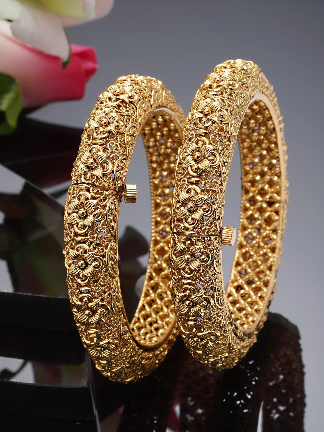 Karatcart Set of 2 Floral Rajwadi Antique Gold Plated Temple Bangles for Women