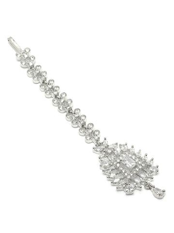 Karatcart Silver Plated Square Design American Diamond Studded Maangtikka for Women