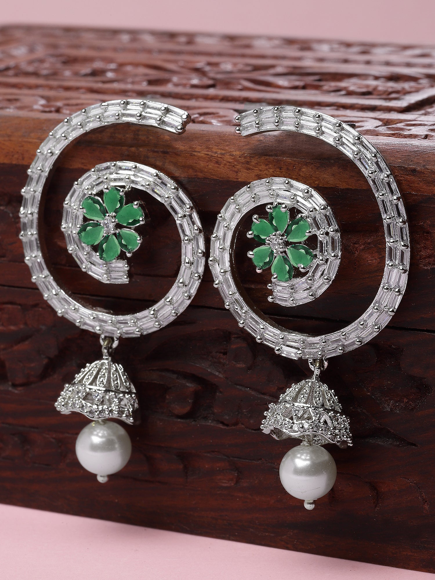 Karatcart Designer Silver Plated Green American Diamond Dangler Earrings for Women