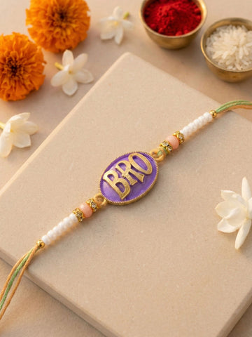 KARATCART Gold Plated Purple Meenakari BRO Letter Bhaiya Rakhi with Roli & Chawal
