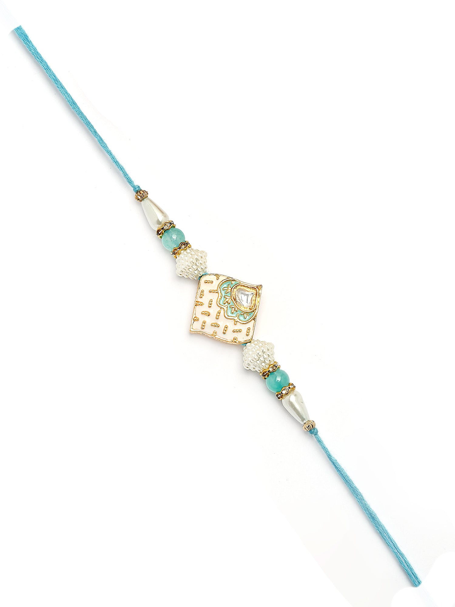 Karatcart Set of 2 White and Light Green Enamel Floral Kundan Rakhi for Brother with Roli & Chawal