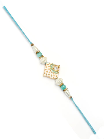 Karatcart Set of 2 White and Light Green Enamel Floral Kundan Rakhi for Brother with Roli & Chawal