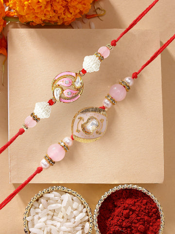 KARATCART Set of 2 Pink and Peach Handmade Kundan Rakhi for Brother with Roli & Chawal