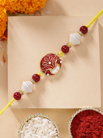 KARATCART Elegant Flower Pot Design Red Meena Handmade Rakhi for Brother with Roli Chawal