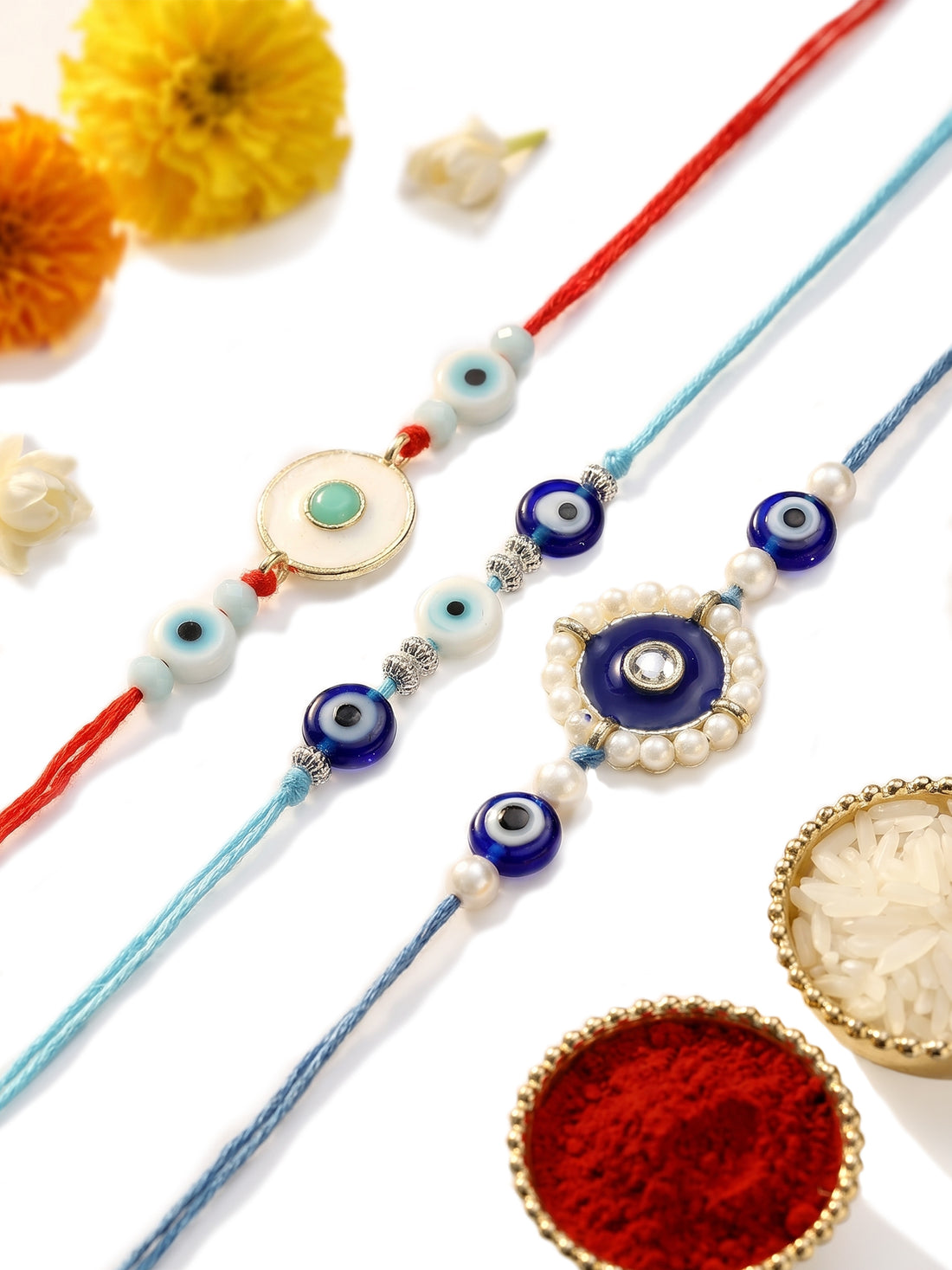 KARATCART Set of 3 Handmade Blue Meenakari Evil Eye Kundan Rakhis for Brother with Roli and Chawal