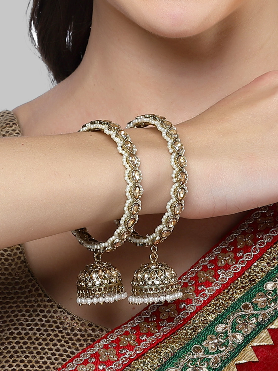 Karatcart Set of 2 Gold Plated Kundan Studded Jhumki Bangles Set for Women