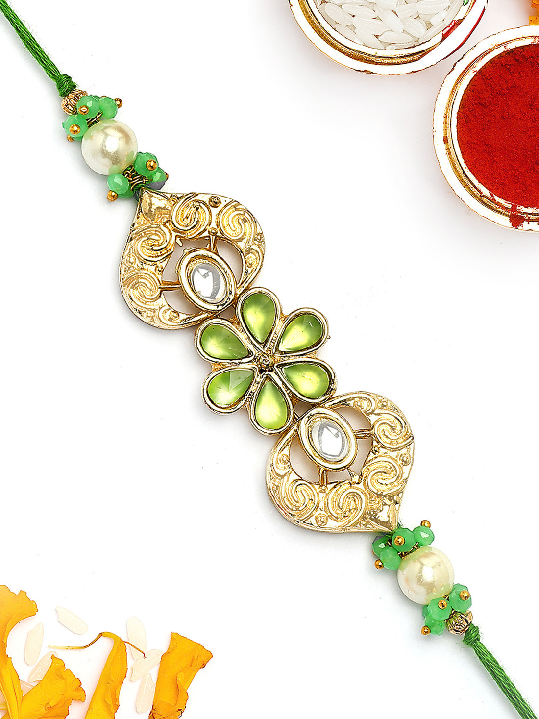 KARATCART Gold Plated Lime Green Crystal Floral Kundan Bhaiya Rakhi with Roli & Chawal