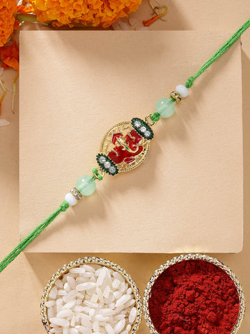 KARATCART Beautiful Lord Ganesha Design Meenakari Handmade Kundan Rakhi for Brother with Roli Chawal