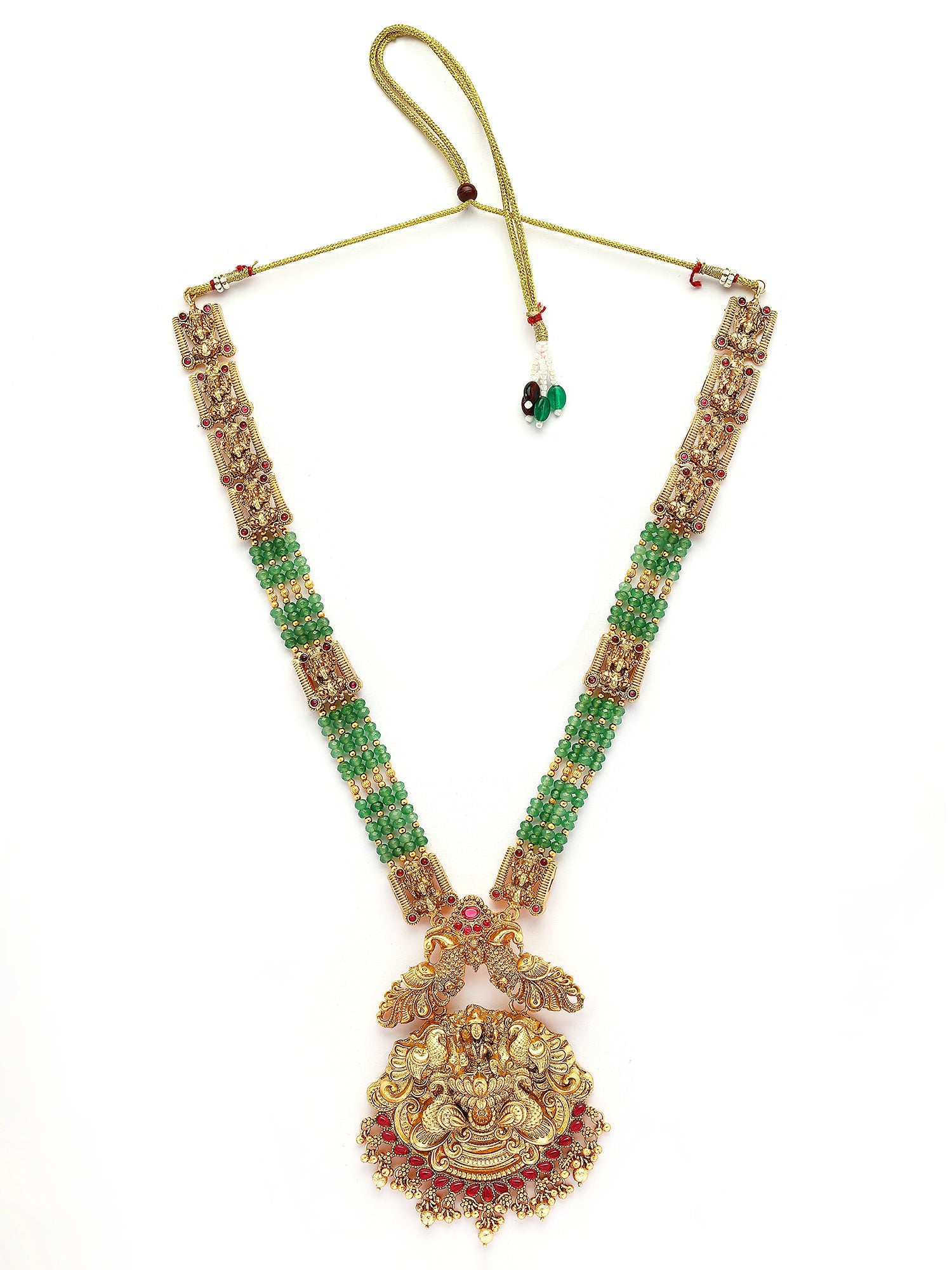KARATCART Traditional Gold Plated Green Crystal Laxmi Mata Rani Haar Temple Jewellery Set